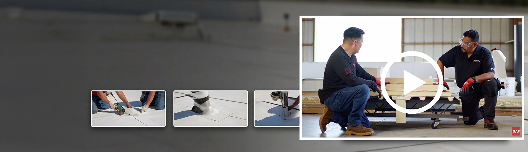 Los contratistas Certified™ de GAF, Chino y Mitos, revisan capas aislantes de poliisocianurato en una maqueta de una cubierta del techo de metal durante una sesión de video de Roofing It Right de GAF.
