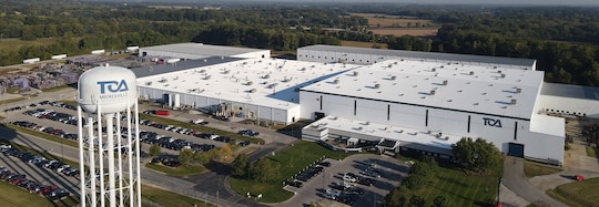 TOA USA facility in Mooresville, IN with a new GAF liquid-applied seamless silicone roof for long-term leak protection and elasticity to move with the building.