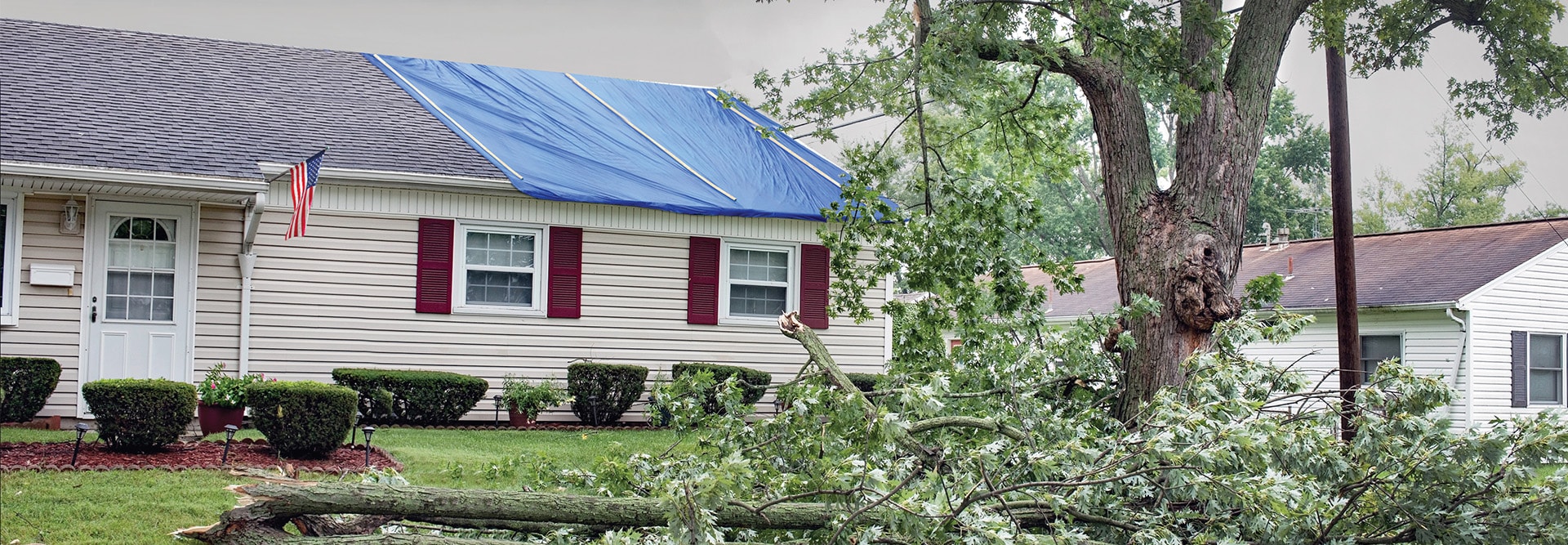 Damaged roof with blue tarp ready for insurance restoration repair work