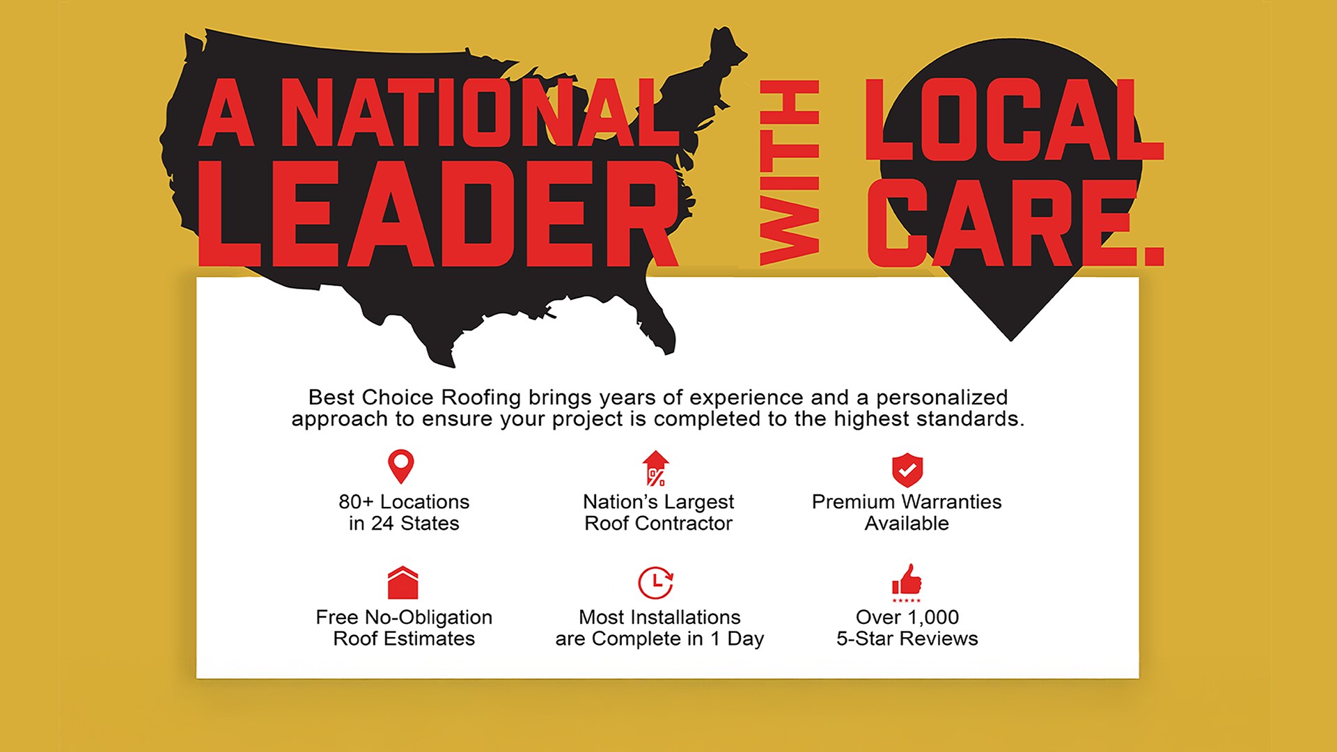 Infographic declaring 'A National Leader with Local Care' that highlights Best Choice Roofing benefits: 80+ locations in 24 states, the nation's largest roof contractor, premium warranties, free estimates, 1-day installations, and over 1,000 5-star reviews
