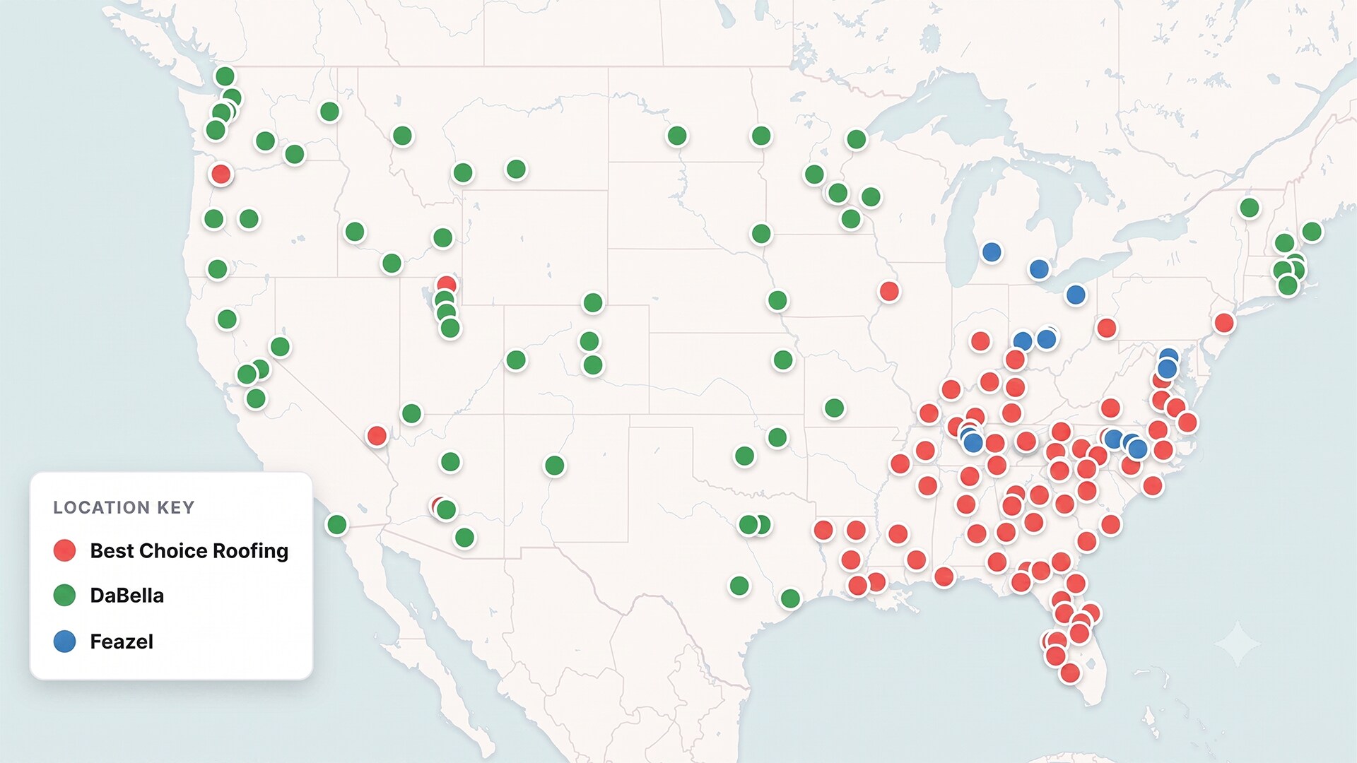 A map of the United States outlining all the locations of our GAF National Circle™ roofing contractors.