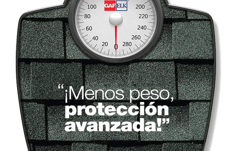 GAF and ElkCorp. logo on a scale showcasing "less weight, advanced protection" on their roof shingles