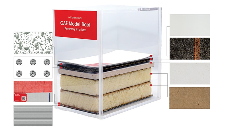 A Model Roof simulated data center assembly featuring detailed close-ups of each commercial roof layer