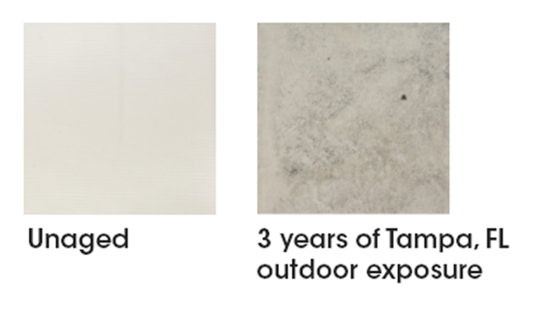 Side-by-side comparison of GAF EverGuard® PVC Tiles: one "Unaged" and one after "3 years of Tampa, FL outdoor exposure."