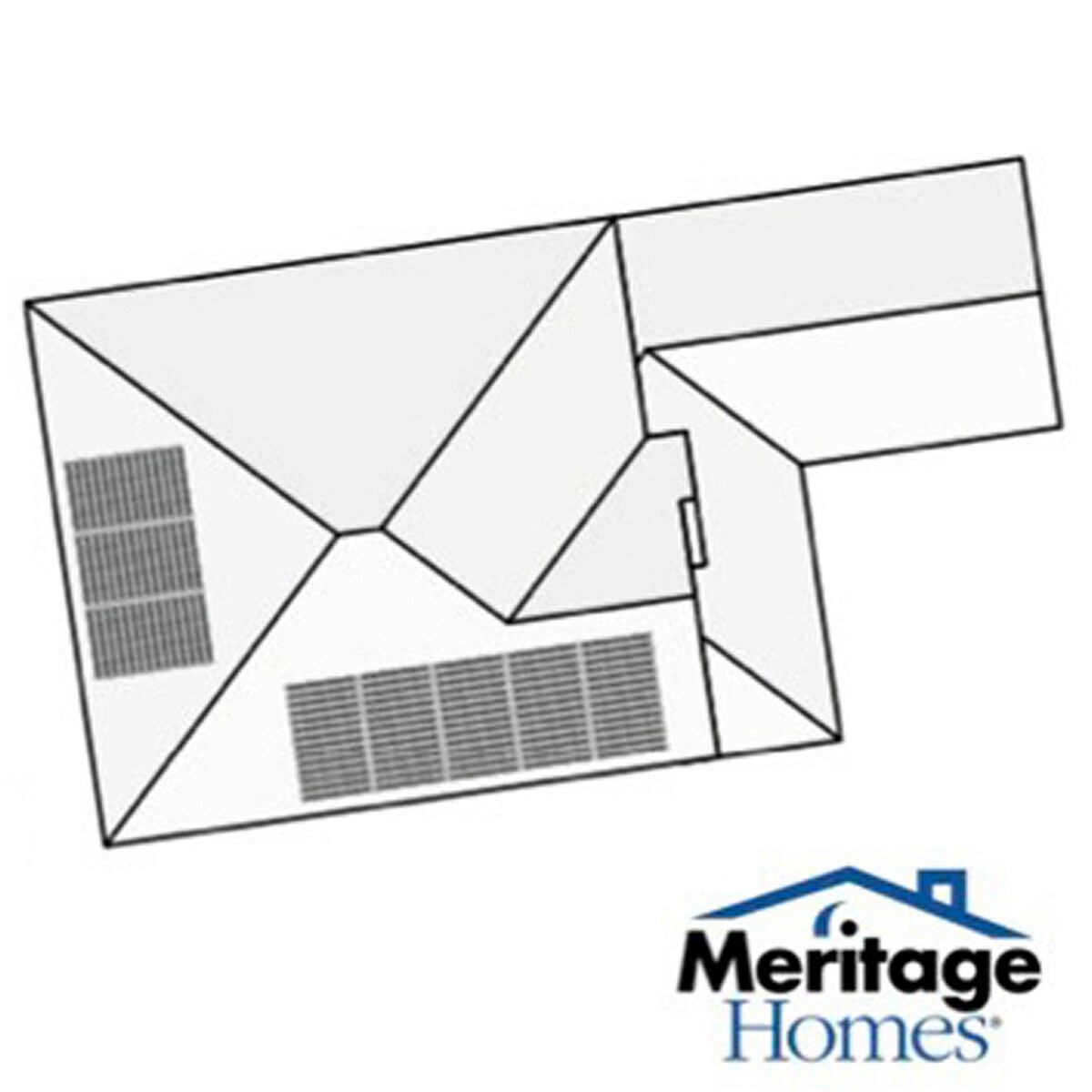 An architectural drawing of a house roof shows solar tiles and the Meritage Homes logo in the bottom right corner.
