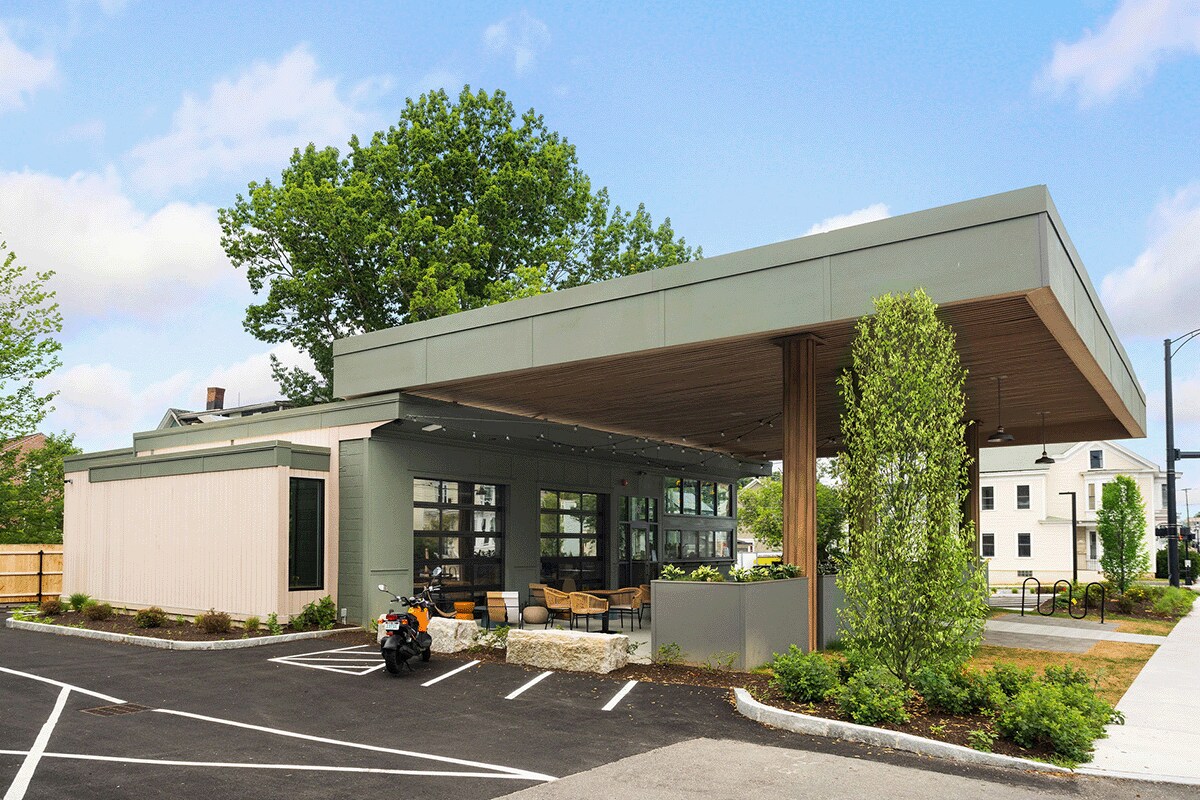 A side view of the renovated gas station turned into The Getty Bagel shop in Portsmouth.