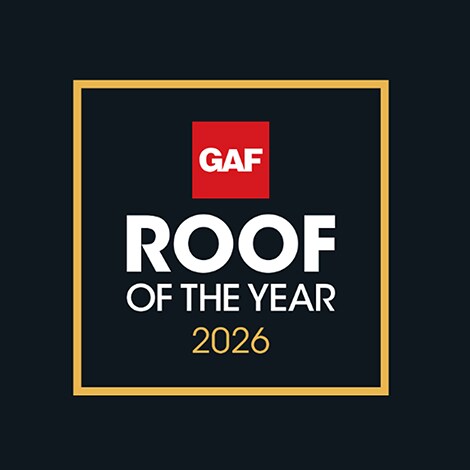 GAF Roof of the Year 2026 logo framed in gold, set against a black background. 