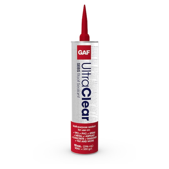 A tube of GAF UltraClear SBS Roof Sealant, a thermoplastic commercial roofing sealant.