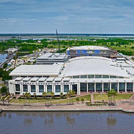 Front view of the Savannah Convention Center with new GAF roof