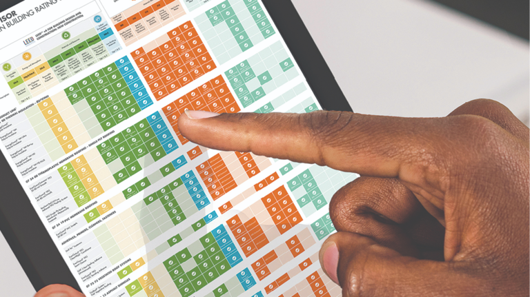 Architects’s finger tapping on a screen showing the Spec Advisor document.