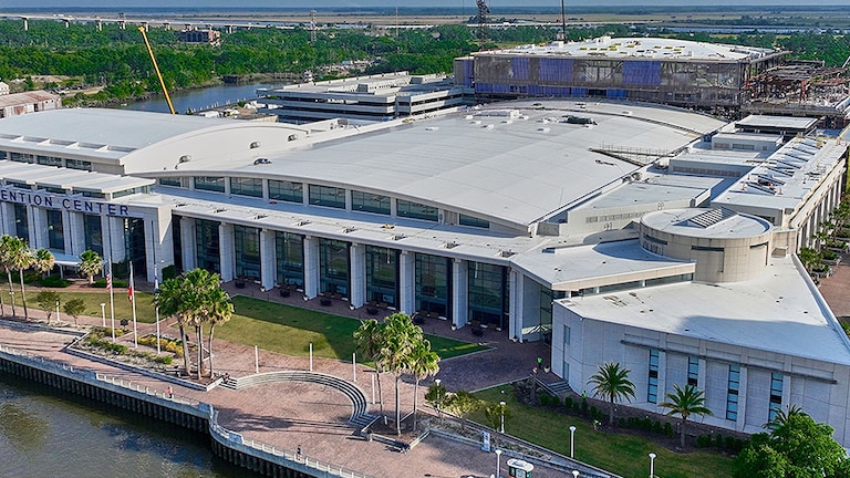 Front view of the Savannah Convention Center with new GAF roof
