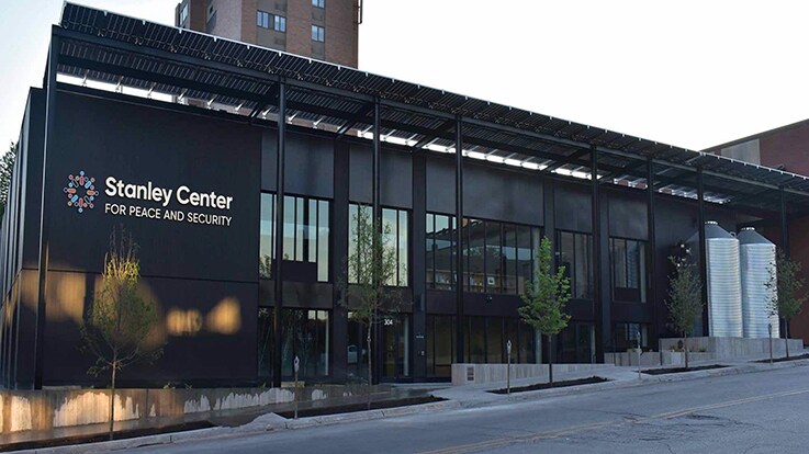 Front view of Stanley Center with new GAF roof