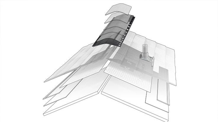 A pictorial representation of the layers of a GAF roofing system, highlighting the ridge vent layer, which helps to reduce attic moisture and heat.