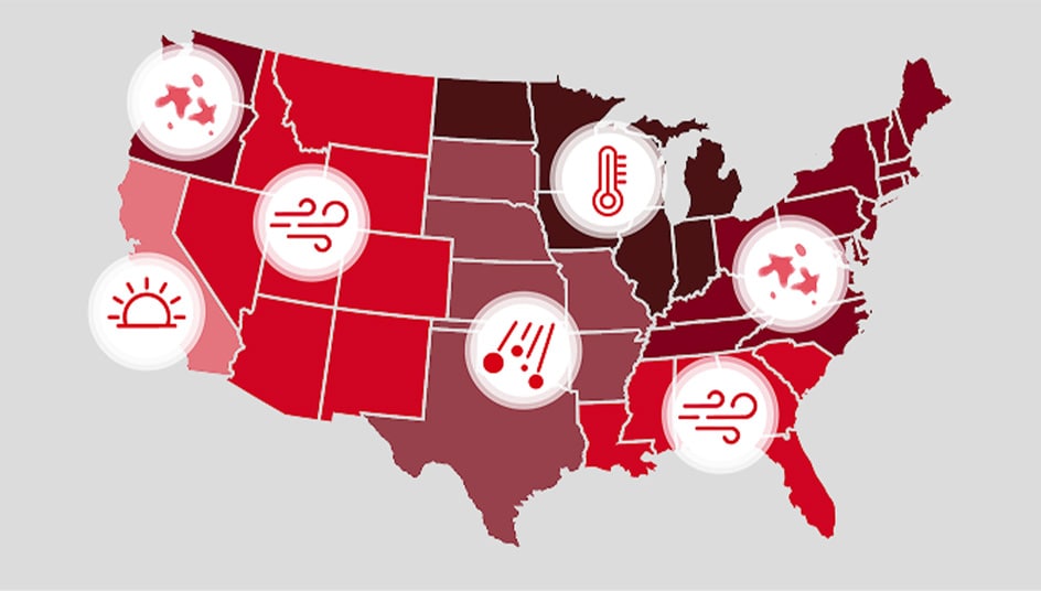A  United States map showing popular GAF shingles by climate and area