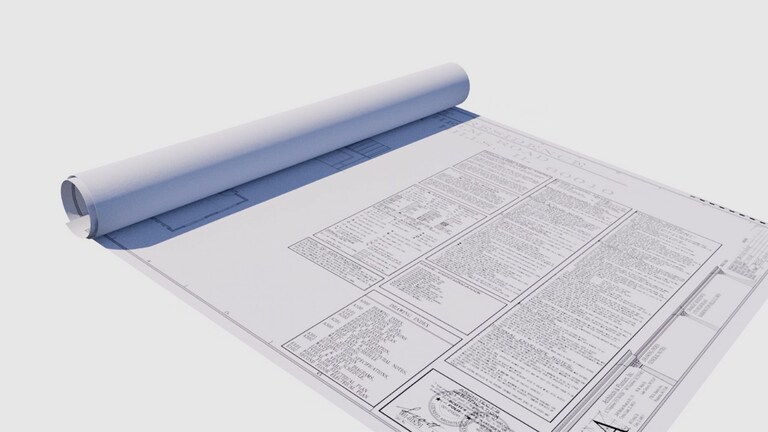 An unraveling roll of construction blueprints with the specifications and code section showing.