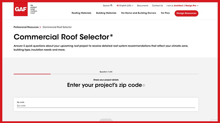 Screenshot of the starting page of the Commercial Roof Selector tool prompting the user to enter the zip code for their commercial roofing project. 