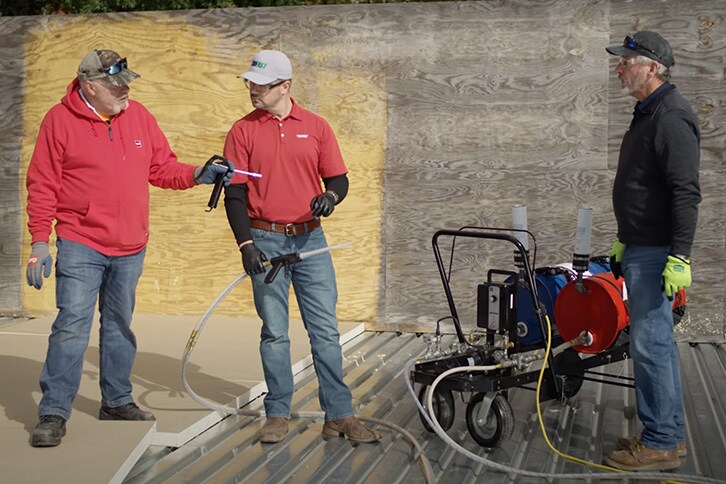 Dave and Wally demonstrate how to use the Trufast Adhesive Pump (TAP) to apply GAF LRF Adhesive XF.